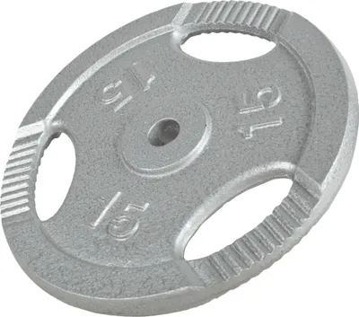 Produktbild von GORILLA SPORTS® Hantelscheiben - 15kg Gewichte, Tri-grip, 30mm Bohrung, aus Gusseisen, Silber - Gewichtsscheiben, Hantelscheiben-Set, Hanteln Set