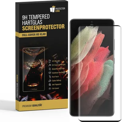 A product box for a screen protector is shown next to a smartphone with the screen protector applied.