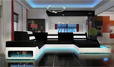 Immagine prodotto di Divano ad angolo, soggiorno, divano, pelle, imbottitura, set, illuminato, con bar