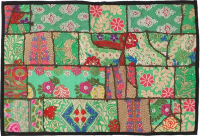 Produktbild von Patchwork Kissenhülle 60x40 cm, Dekokissen Bezug aus Rajasthan, Einzelstück - Muster 16, Grün, Baumwolle, Zierkissen, Dekokissen, Sofakissen