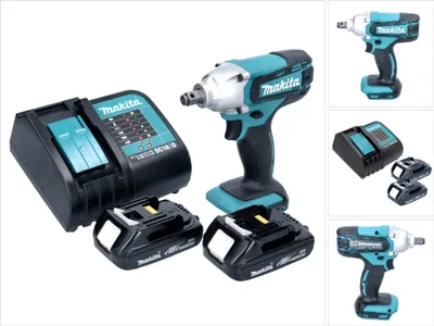 A collage of images showing a Makita cordless impact wrench, batteries, and a charger.
