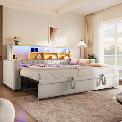 Immagine prodotto di Letto a giorno 90 x 200 cm con letto estraibile 90 x 190 cm, illuminazione LED, prese USB e Type-C, divano letto con rivestimento in lino, color beige, senza materasso