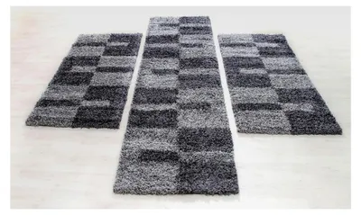 Produktbild von Carpettex Bettumrandung Schlafzimmer 3-teilig Shaggy Teppich Hochflor Kariert Grau Bettset: 2 x 60x110 cm + 1 x 80x150 cm - Bettvorleger Schlafzimmer Läufer Set Flauschiger Teppich