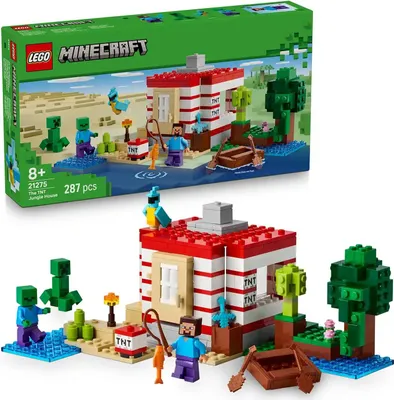 A LEGO Minecraft TNT Jungle House set is shown, both in its packaging and assembled.