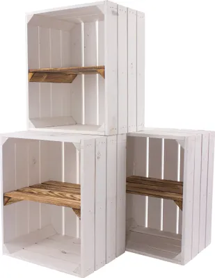 Produktbild von 12er Set neue weiße/weisse Obstkiste mit Einlegeboden/Zwischenbrett in geflammt Quer 50cm x 40cm x 30cm Schuhregal Holzkiste Weinkisten Regal Wandregal Kiste