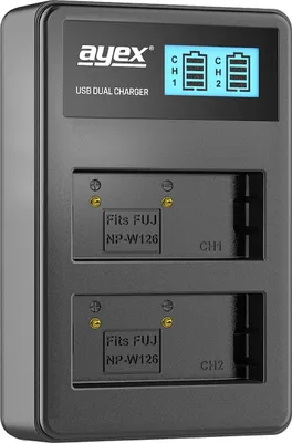 Produktbild von USB Dual Ladegerät für Fujifilm NP-W126 Akkus beleuchtetes Display Ladestandanzeige