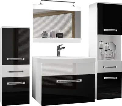 Produktbild von BELINI Badmöbel Vollausstattung Set Waschbeckenschrank, 1x kleiner Schrank, 1xHochschrank, Waschbecken, Spiegel, Lampe (Schwarz/ Weiss, Glänzend)