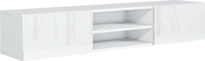 A white, modern TV cabinet with two open shelves in the center and two closed compartments on the sides.