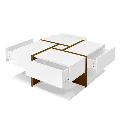 A white and brown modern coffee table with geometric design and open drawers, isolated on a white background.