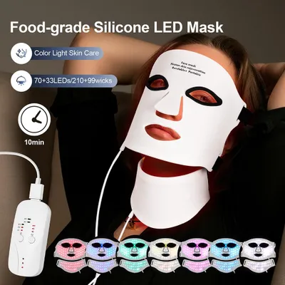 Produktbild von Silikon-LED-Maske für Gesicht und Hals mit 7 Farben LED-Photonen-Rotlicht-Infrarottherapie Flexible Gesichtsmaske zur Hautregeneration Kabellose Anwen