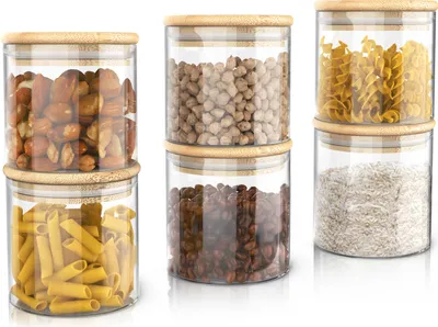 Immagine prodotto di Arendo barattoli per la conservazione, set di barattoli in vetro 6x 0,75 litri in vetro borosilicato con coperchio in bambù, ermetici, set di 6, resistenti al calore, ecologici, durevoli, adatti al microonde