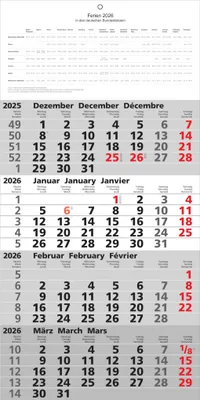 A calendar showing months of 2025 and 2026, with holidays marked.