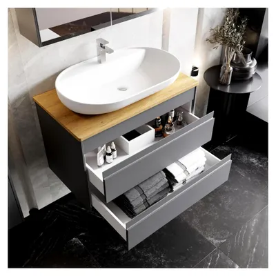 Produktbild von Badezimmermöbel Set Lara Konsole 80 Anthrazit mit Keramikwaschbecken, Unterschrank, Spiegelschrank, Softclose-Schubladen und -Türen, unsichtbaren Griffen im modernen Stil