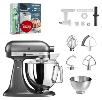 Produktbild von KitchenAid 4,8 L 5KSM175 Artisan Küchenmaschine Set 2 Fleischwolf+Spritzgebäckvorsatz Medallion Silber