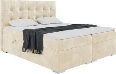 Produktbild von MEBLINI Boxspringbett mit Bettkasten - Gepolstert Doppelbett mit Matratze und Topper - Polsterbett mit Stauraum - Bett mit Kopfteil - Stauraumbett - DENIZ - 140x200 - H4/Beige Samt