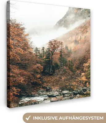 Produktbild von MuchoWow® - Leinwandbilder - Natur - Wald - Nebel - Herbst, Wandbild, Wanddeko Bilder Wohnzimmer, 50x50 cm