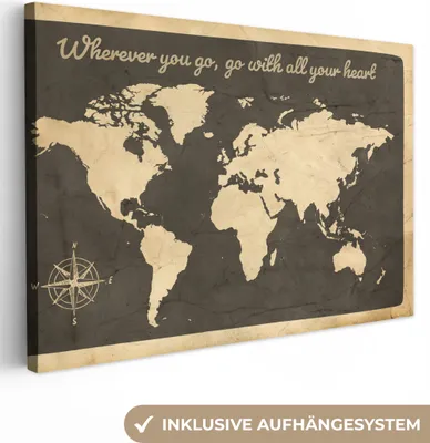 Produktbild von OneMillionCanvasses® - Leinwandbilder - 150x100 cm, Weltkarte - Kompassrose - Zitat, Wandbilder Kunstdruck Wanddekoration