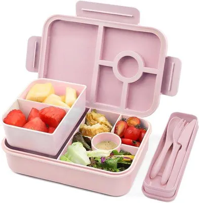 Obrázok produktu pre Obedový box Lekfree s 5 + 2 priehradkami a príborom - Izolovaný - Ružový - 1300 ml