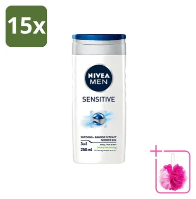 Imagen del producto de 15 unidades de gel de ducha NIVEA MEN para piel sensible, hidratante, 250 ml, pack ahorro