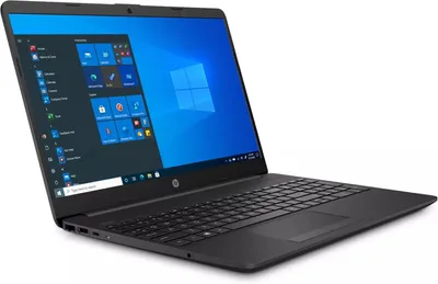 A black HP laptop is shown at an angle on a white background. The laptop screen displays the Windows 11 operating system.