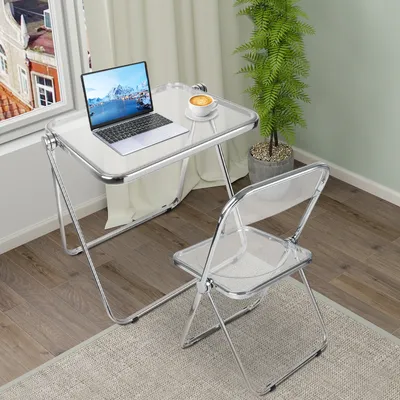 Produktbild von Klapptisch mit Acryl-Klappstuhl,Schreibtisch Tischplatte,Arbeitstisch für Zuhause,Büro,Home Office 64x50x70cm Transparente