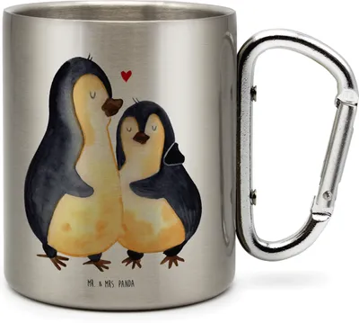 Produktbild von Mr. & Mrs. Panda Thermobecher Pinguin umarmen - Transparent - Geschenk, Verknallt, Hochzeit, Umarmung Verliebt, Liebe, Teebecher, Hochzeitstag, Trinkbecher Edelstahl
