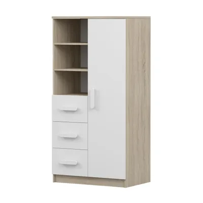 Produktbild von Kinder-Bücherregal Jonas 05 – 80 cm, Sonoma/Weiß mit Weißen Griffen, 3 Schubladen & 1 Tür