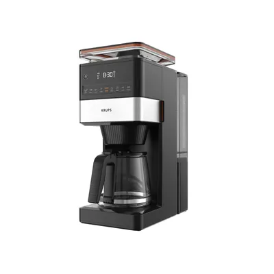 A black Krups coffee maker with a silver accent and a glass carafe is shown against a white background.