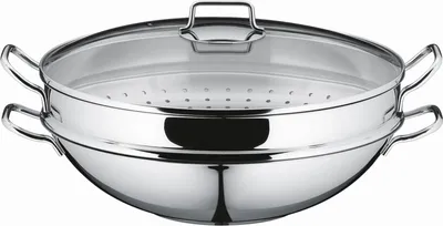Immagine prodotto di Padella wok 36 cm con coperchio in vetro e vaporiera - Macao - Acciaio inox Cromargan - Adatto all'induzione
