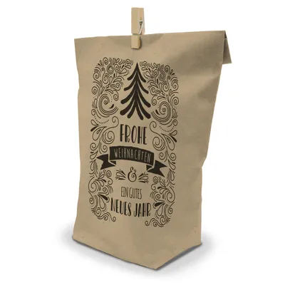 Produktbild von itenga Geschenktüte Frohe Weihnachten und neues Jahr 17x26cm braun schwarz - 24 Tüten und Klammern