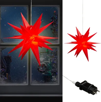 Produktbild von Leuchtender Adventsstern rot Innen & Außen Ø 60cm I Weihnachtsstern Netzbetrieben 7.5 Meter Zuleitung I 18 Zacken zum Aufhängen mit Licht I Roter Stern Weihnachtsbeleuchtung I Timerfunktion