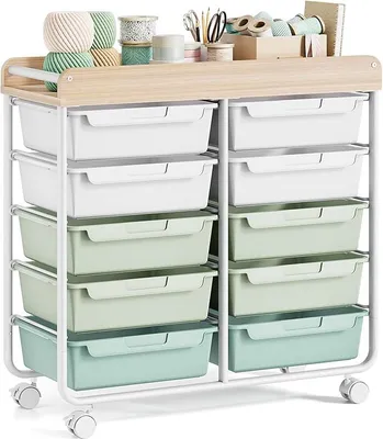 Immagine prodotto di Carrello con rotelle in plastica per il bagno, carrello fai-da-te con 10 cassetti, carrello con cassetti, carrello portaoggetti per bagno, cucina, soggiorno e camera da letto, verde