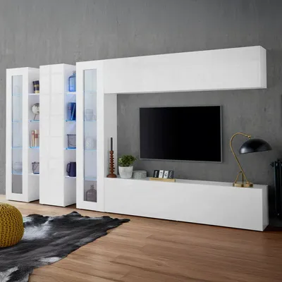 Immagine prodotto di Dmora Parete Attrezzata Atta 30x340x180h cm Bianco Lucido, 5 Ante Apertura Battente e a Ribalta Italy