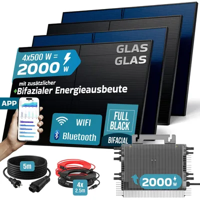 Produktbild von SUNNIVA® 2000W Balkonkraftwerk BIFAZIAL FULLBLACK komplett Steckdose DEYE 2000 Watt Wechselrichter, Komplettset 4x 500W PV Solaranlage Solarmodule