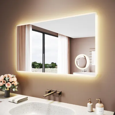 Immagine prodotto di SONNI Specchio da bagno quadrato bianco 120 x 60 x 3,5 cm Senza nebbia e con Bluetooth Funzione di memoria di spegnimento Tre temperature di colore