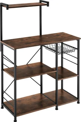 A kitchen baker's rack with shelves and a wire basket.