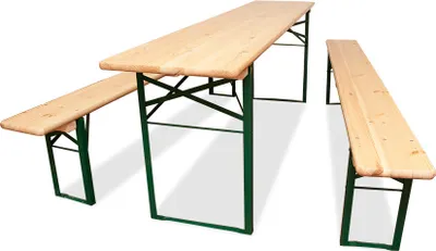 A wooden beer table set with two benches on a white background.