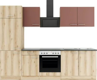 Produktbild von Optifit Küchenzeile mit Geräten Bari407/Livorno290 270 cm rostrot wildeiche matt strukturiert zerlegt Variante reversibel KPBL 2711-9+