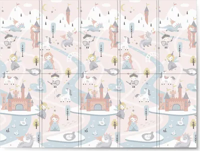 A colorful, cartoon-like illustration of a fantasy kingdom with castles, dragons, knights, and princesses.