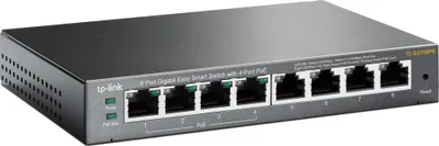 A TP-Link 8-port Gigabit Easy Smart Switch with 4-Port PoE is shown from a slightly elevated front-side angle on a white background.
