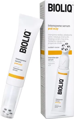 A product shot of BIOLIQ eye serum and its packaging against a white background.