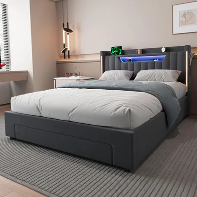 Obrázek produktu pro Postel okwish 140x200 cm s bočními kapsami a LED osvětlením, postel pro mládež se zásuvkami a úložným prostorem, velký úložný prostor, jednolůžko, barva šedá, bez matrace