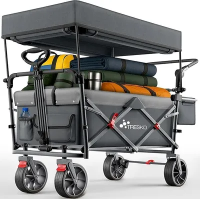 Produktbild von Bollerwagen Faltbar mit Dach, Kühlfach & Seitenrollos | Handwagen max. belastbar bis 150kg | Transportwagen mit Vollgummireifen & Feststellbremsen (Vorne & Hinten) und 3-Punkt-Gurt (Anthrazit)