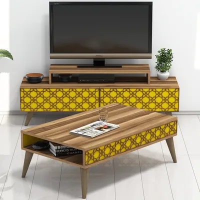 Produktbild von Skye Decor, City - Walnut, Yellow, Wohnzimmermöbel-Set, Nussbaum, 100 % MELAMINBESCHICHTETE SPANPLATTEN, 140 x 41,8 x 48,8 cm