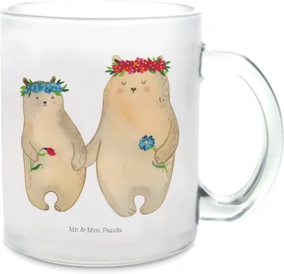 Produktbild von Mr. & Mrs. Panda Pott Bären mit Blumenkranz - Transparent - Geschenk, Mutter, Mama, Kinder, Tee Tasse, Henkelbecher, Mami, Muttertag, Haferl, Family, Teeglas, Teetasse