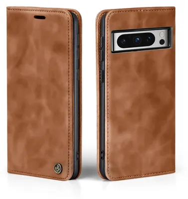 A brown leather flip case for a Google Pixel 8 Pro phone, shown from the front and back.