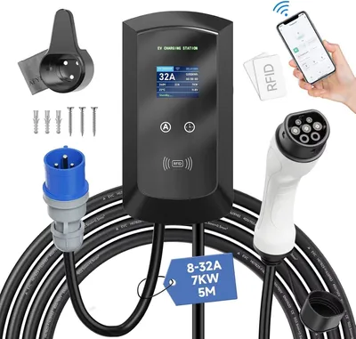 Immagine prodotto di Caricatore EV di tipo 2 – Cavo di ricarica portatile per auto elettriche – Regolabile da 8 a 32A – Resistente agli agenti atmosferici con display LCD