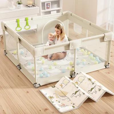 Obrázok produktu pre Detská ohrádka s podložkou, 120 x 120 cm, detská ohrádka s prísavkami, hracie centrum pre deti, detská ohrádka, detské ohrádky, béžová, Oxford, oceľ, 120 cm, 120 cm