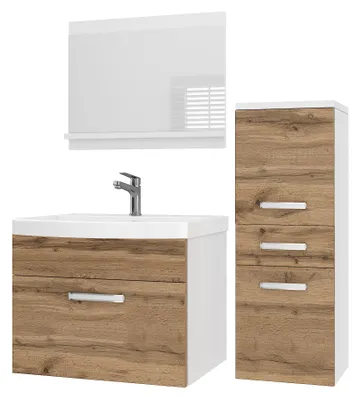 Immagine prodotto di Set di mobili da bagno BELINI PRI M2 90 cm, marrone dorato opaco - Mobile da bagno moderno con lavabo e specchio, completamente accessoriato, montaggio a parete
