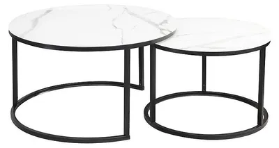 Image de Lot de 2 tables gigognes ATLANTA rondes en métal ett verre effet marbre - Blanc / Noir - D 80 x H 45 cm.